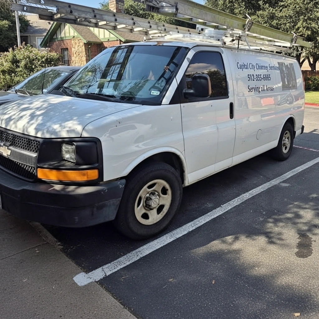 Capital City Chimney Services white Chevrolet work van with ladder racks and company branding