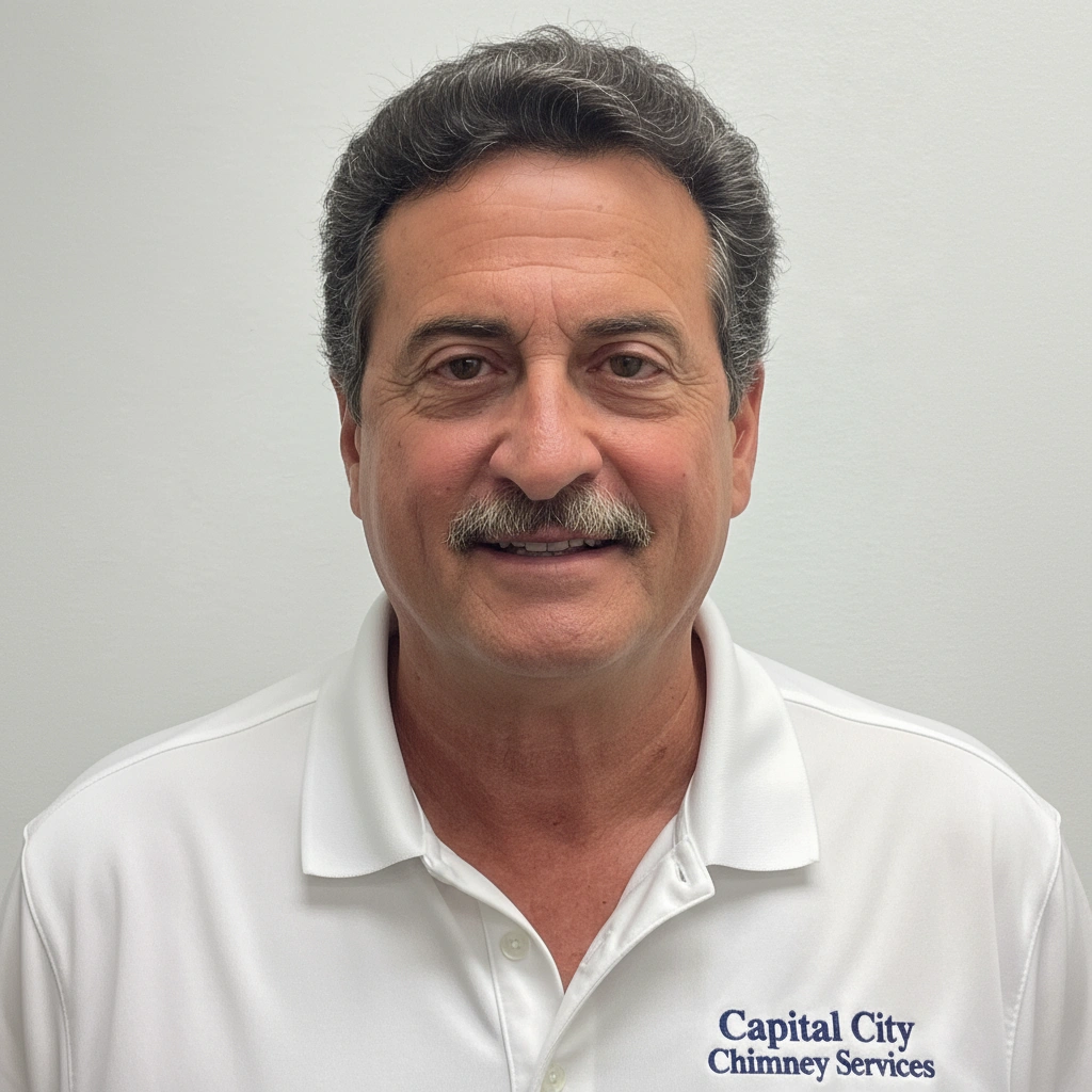 Liam Glover, owner of Capital City Chimney Services, wearing company branded polo shirt